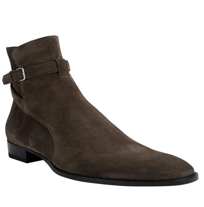Men's Handcrafted Leather Buckle Strap Pointed Toe Chelsea Boots