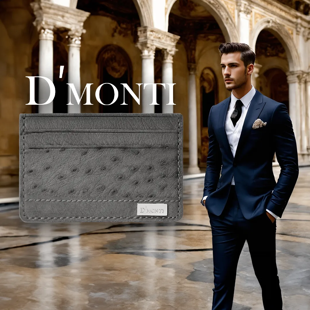 Moonstone Gray- Men Exotic Ostrich Leather Card Holder Slim Wallet