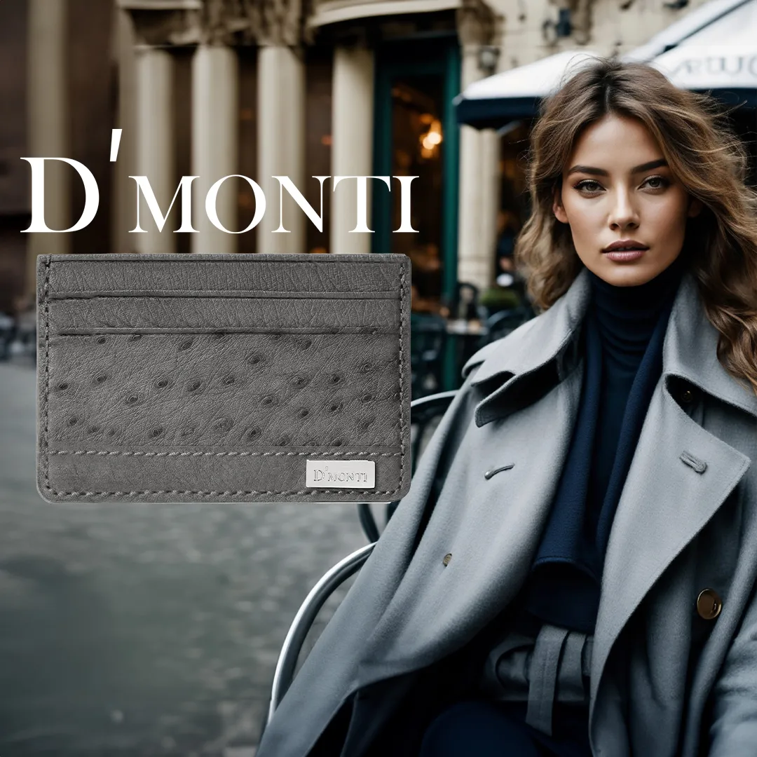 Moonstone Gray- Women Exotic Ostrich Leather Card Holder Slim Wallet