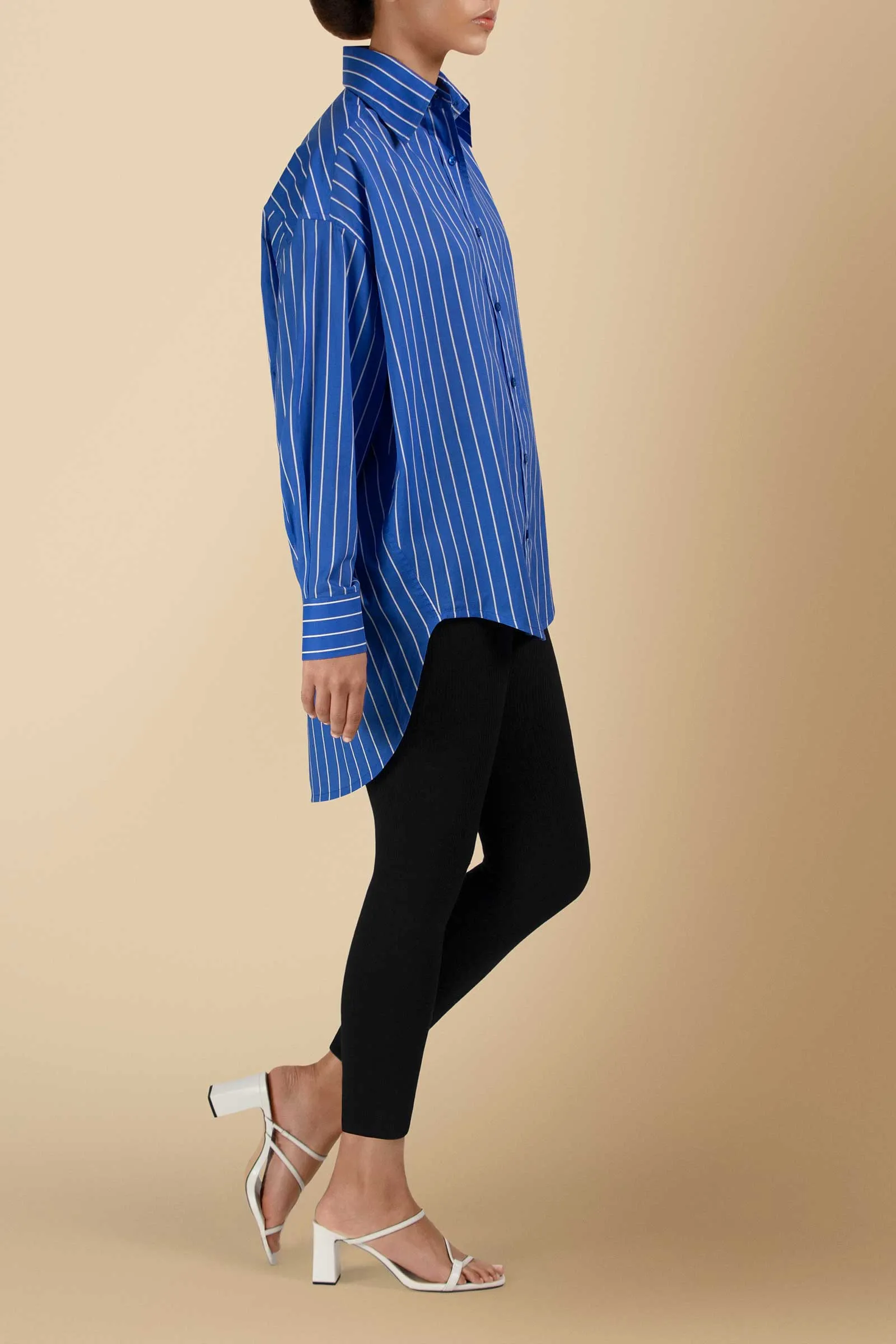 Moraa Oversized Shirt in Cotton Poplin Blue Pinstripe