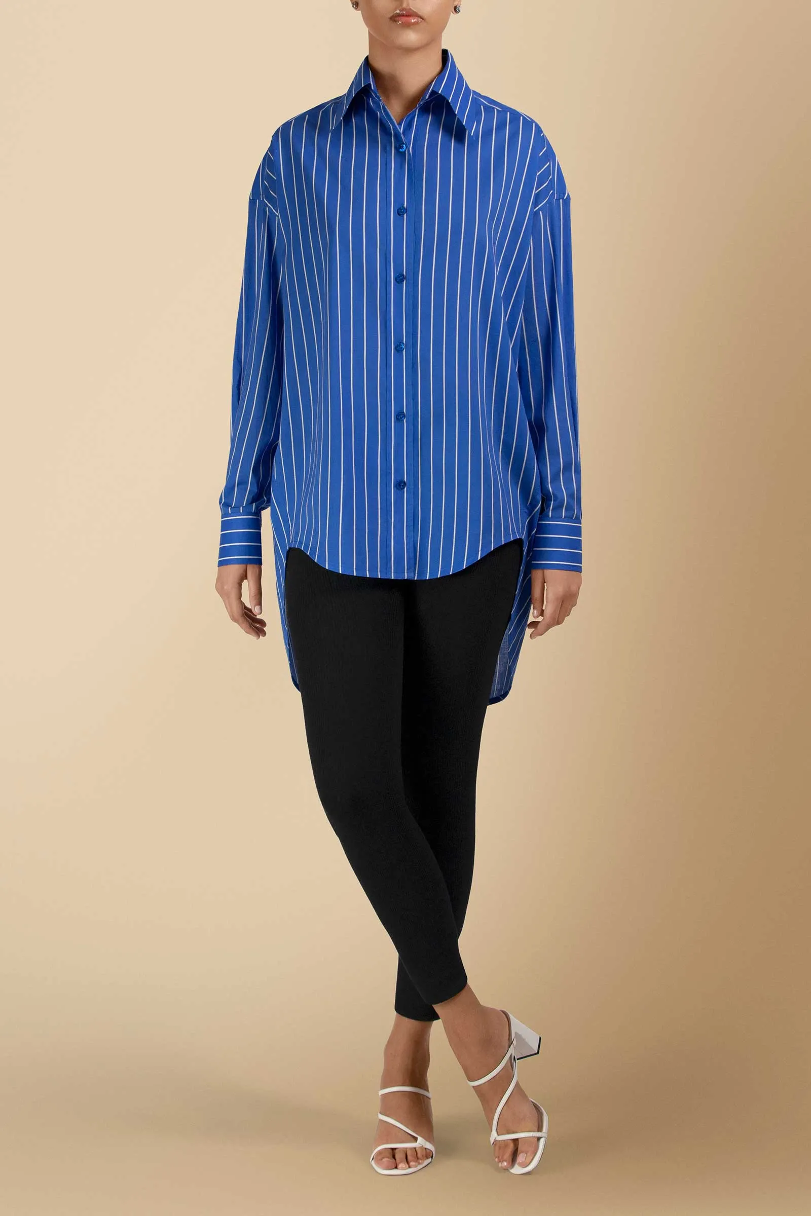 Moraa Oversized Shirt in Cotton Poplin Blue Pinstripe