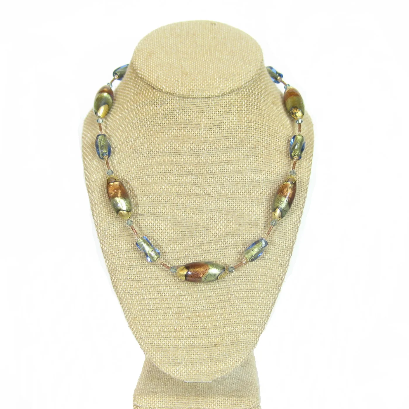 Murano Italian Glass Brown Green Beaded Gold Necklace
