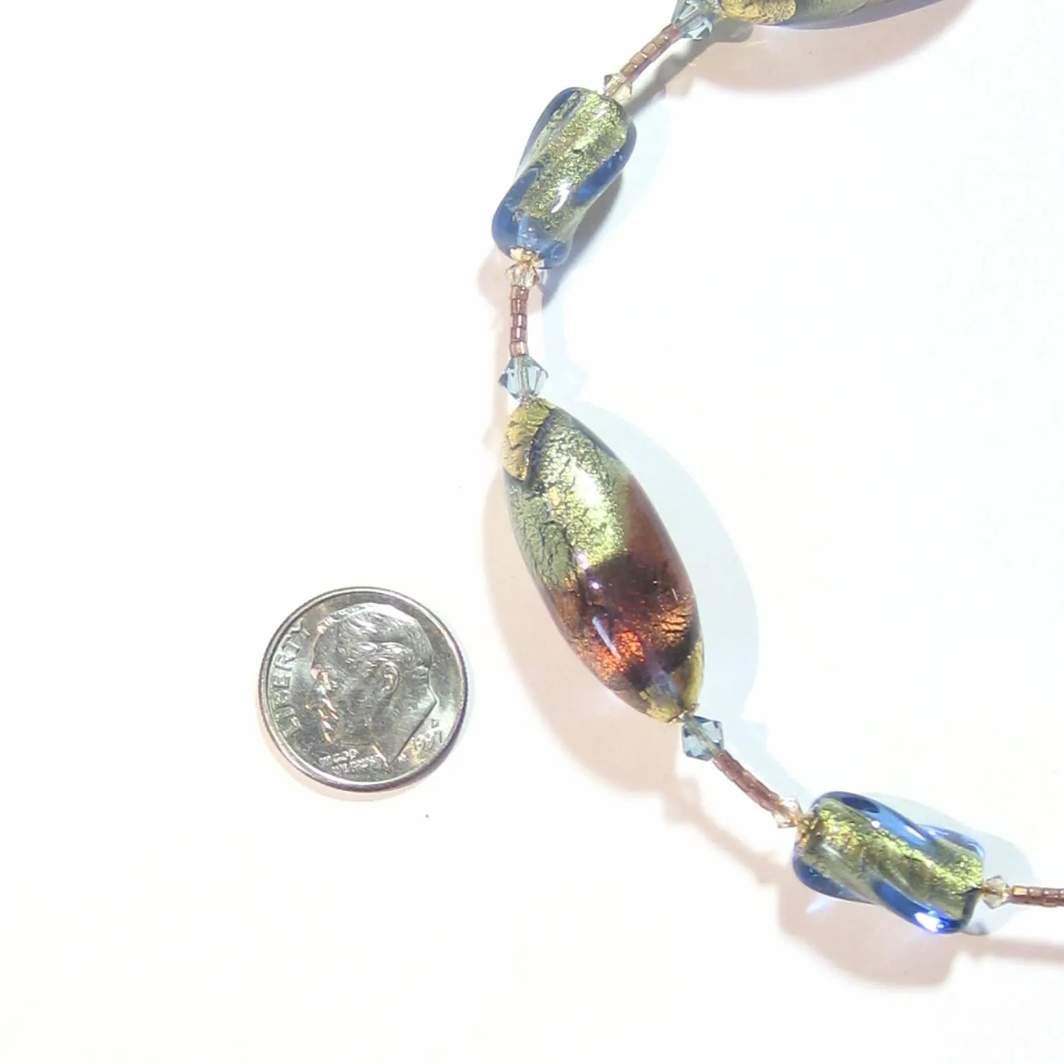 Murano Italian Glass Brown Green Beaded Gold Necklace