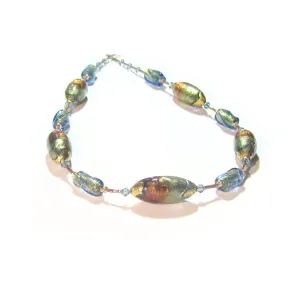 Murano Italian Glass Brown Green Beaded Gold Necklace