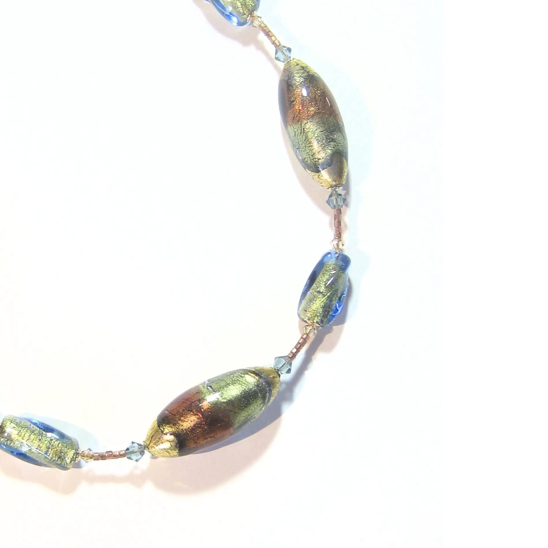 Murano Italian Glass Brown Green Beaded Gold Necklace