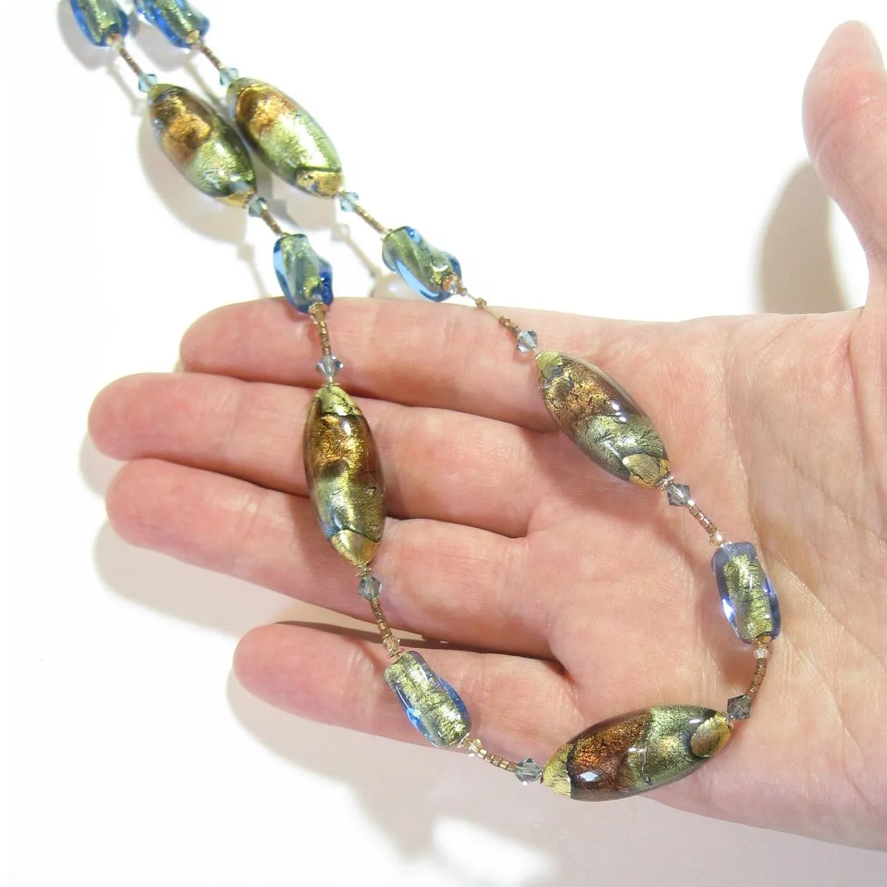 Murano Italian Glass Brown Green Beaded Gold Necklace