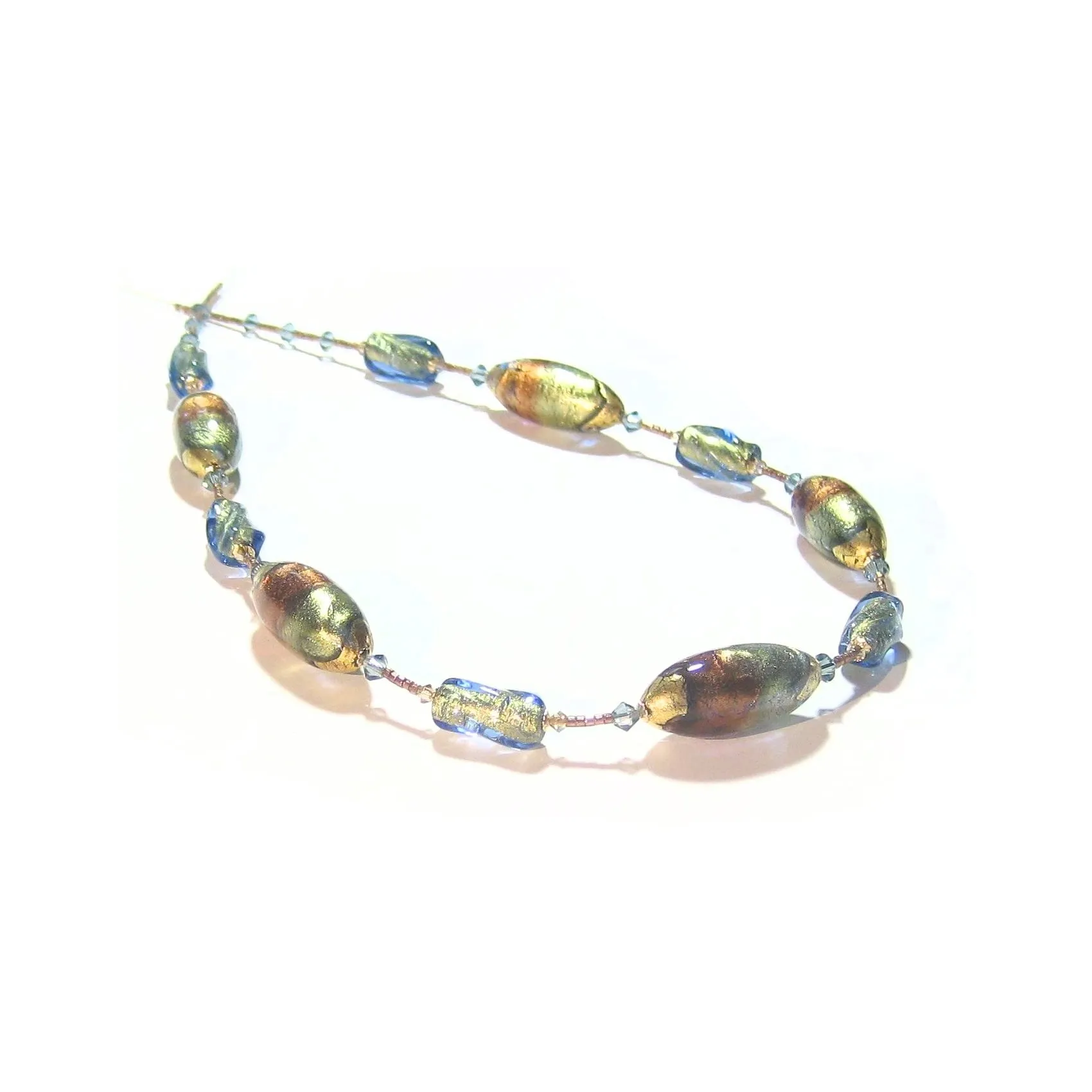 Murano Italian Glass Brown Green Beaded Gold Necklace