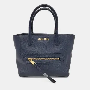 Navy Blue Leather Madras  Front Zip  Satchel Bag