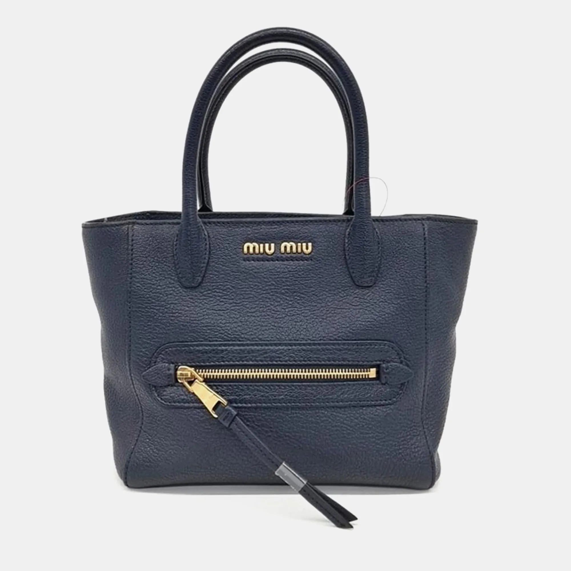 Navy Blue Leather Madras  Front Zip  Satchel Bag
