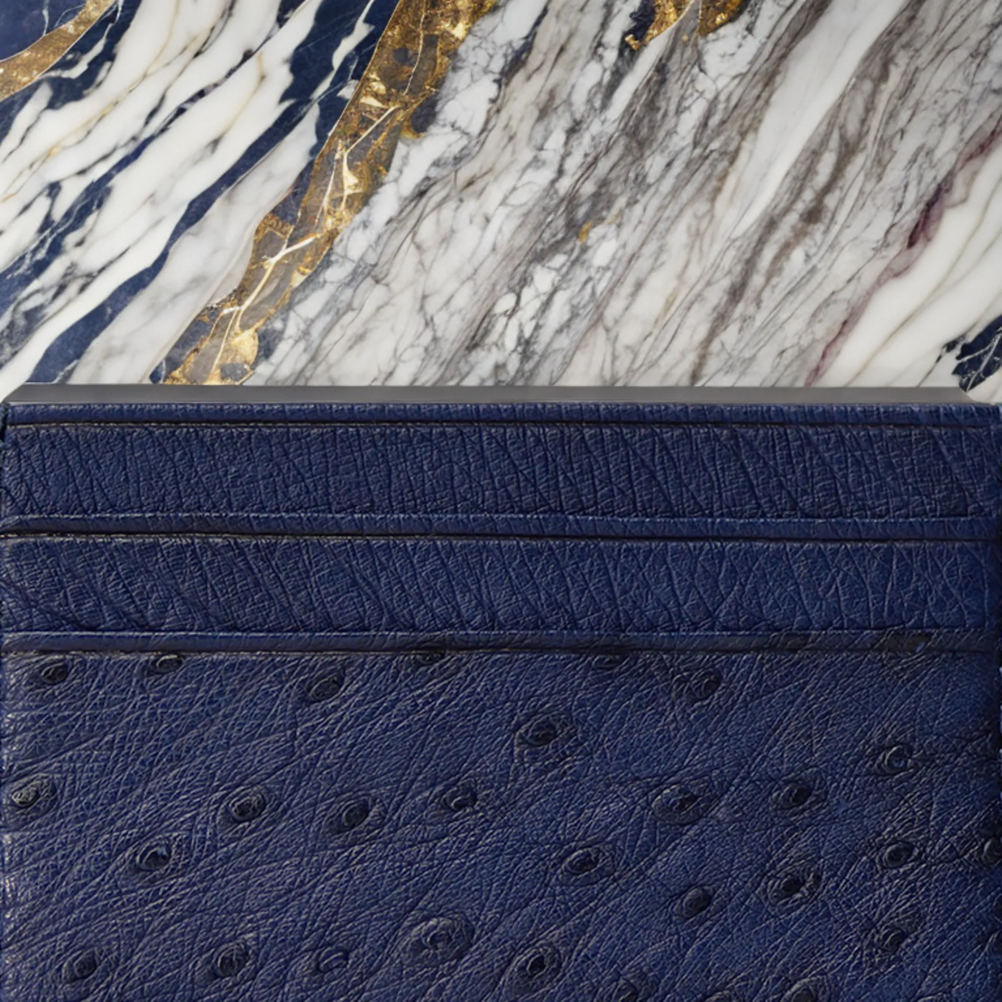 Navy Blue - Women Exotic Ostrich Leather Card Holder Slim Wallet