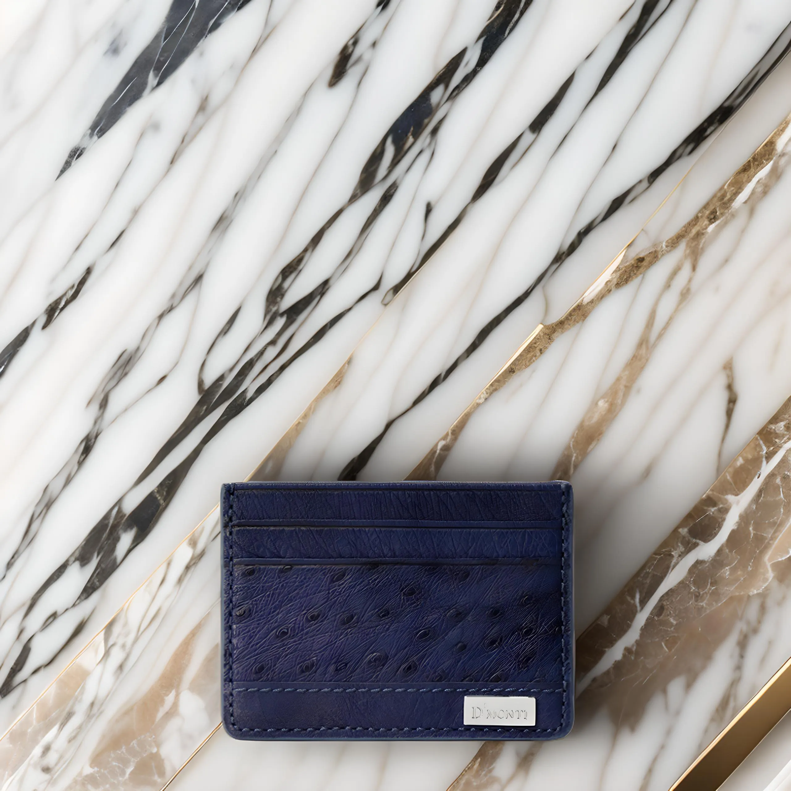 Navy Blue - Women Exotic Ostrich Leather Card Holder Slim Wallet