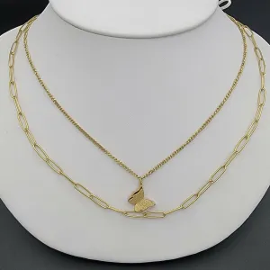 Necklaces - Stainless Steel Gold Plated. 3D Butterfly Double Layer Necklace.