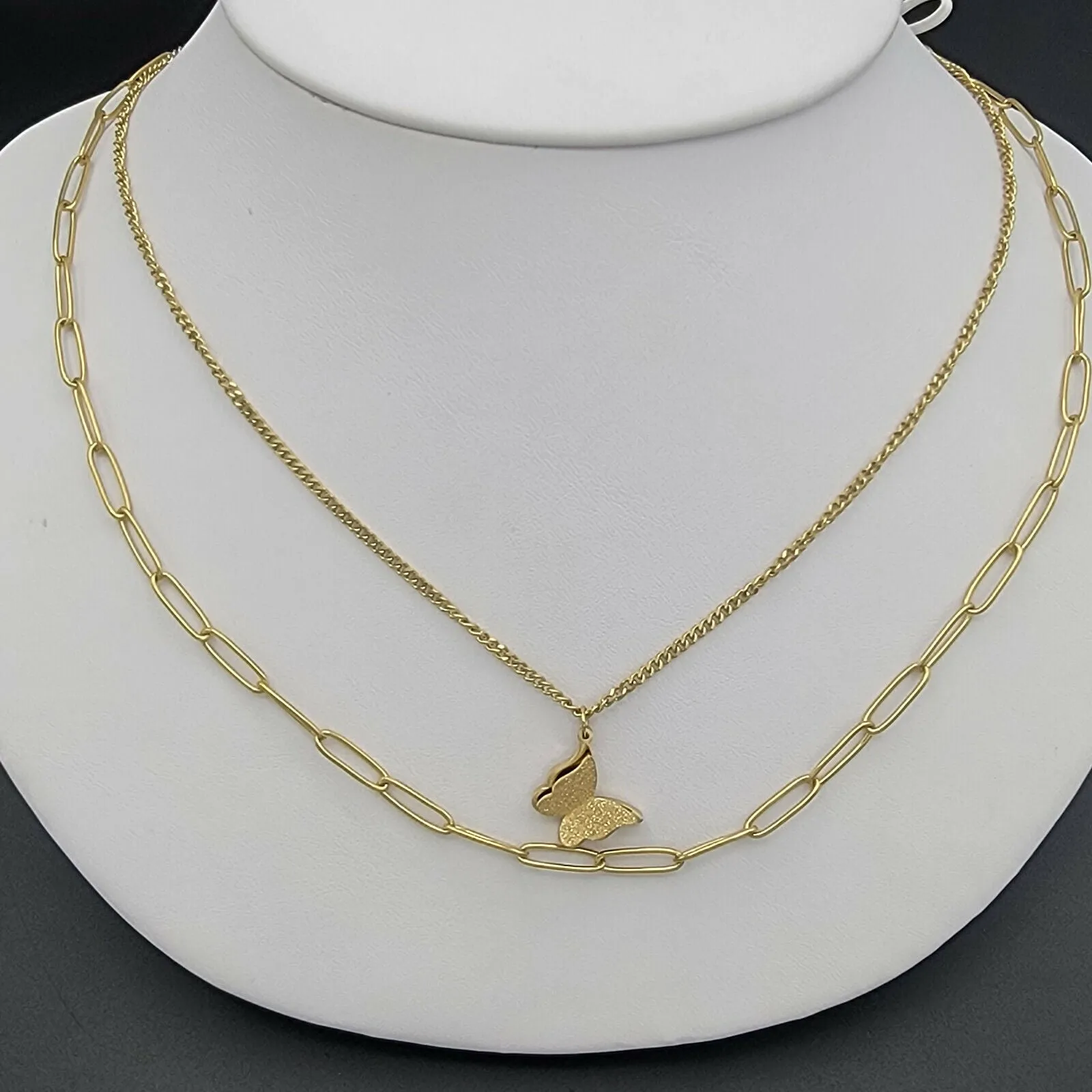 Necklaces - Stainless Steel Gold Plated. 3D Butterfly Double Layer Necklace.