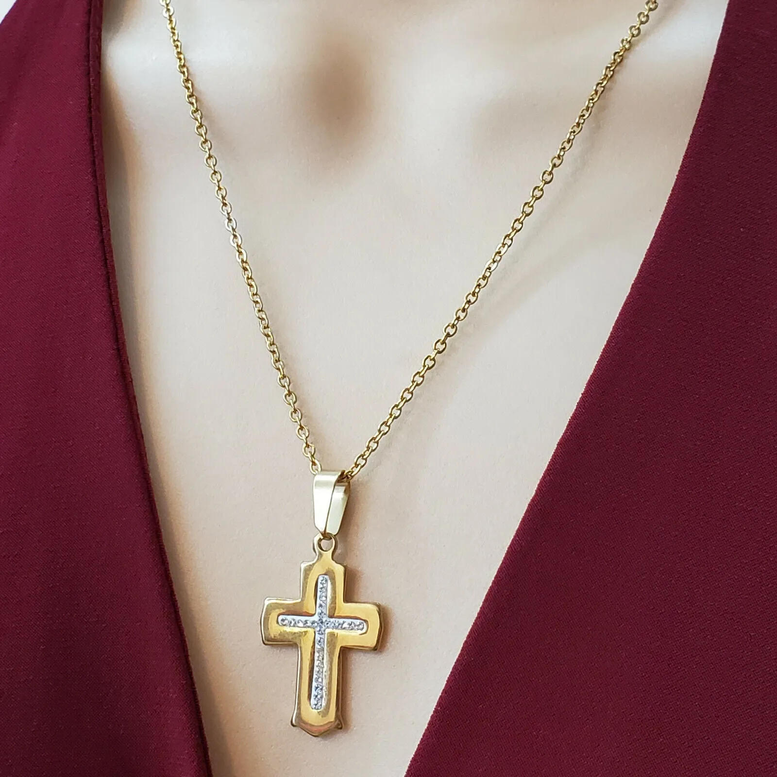 Necklaces - Stainless Steel Gold Plated. Cross Pendant & Chain.