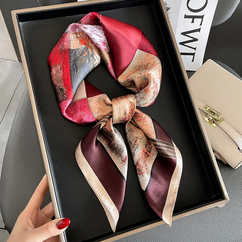 New Korean Fashion Silk Square Scarf Women's Spring And Autumn Elegant Mulberry Silk Oil Painting 70 Scarf Gift Scarf