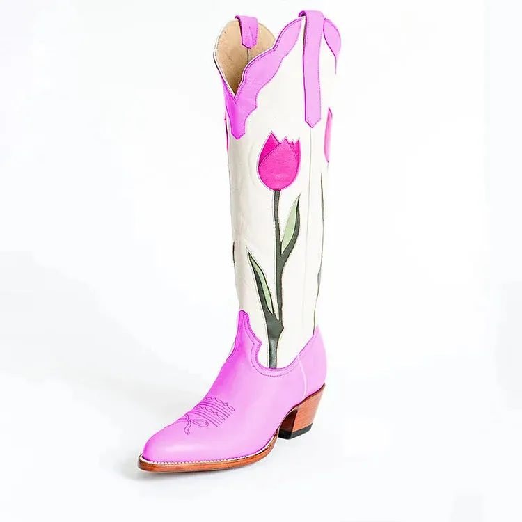 NEW Retails $225 Sz 7 FSJ Tulip Embroidered Chunky Heel Knee High Cowgirl Boots in Purple