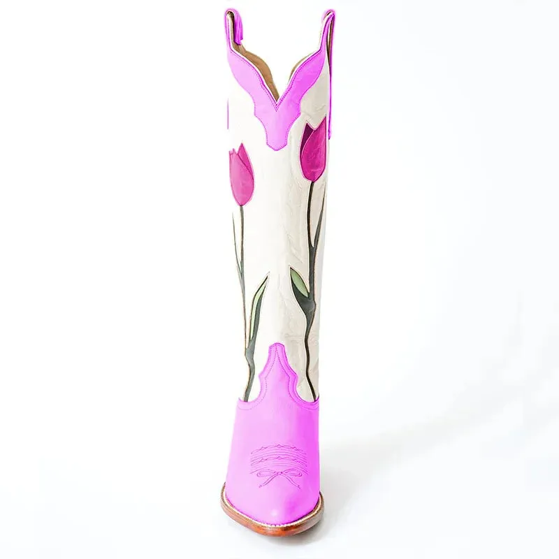 NEW Retails $225 Sz 7 FSJ Tulip Embroidered Chunky Heel Knee High Cowgirl Boots in Purple