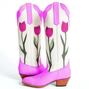 NEW Retails $225 Sz 7 FSJ Tulip Embroidered Chunky Heel Knee High Cowgirl Boots in Purple