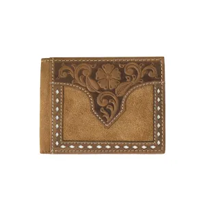 Nocona Tan Floral Embossed Bifold Wallet with White Buck Lacing