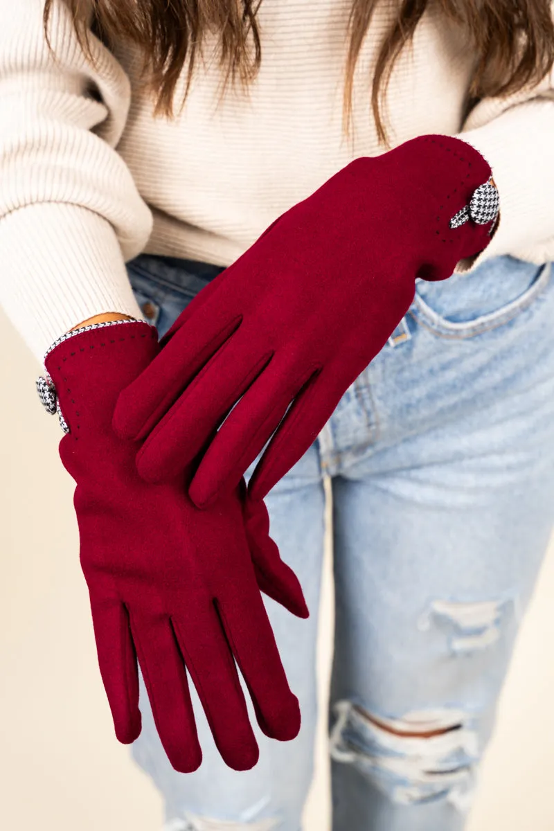 One Pair Houndstooth Button Smart Touch Gloves, Burgundy
