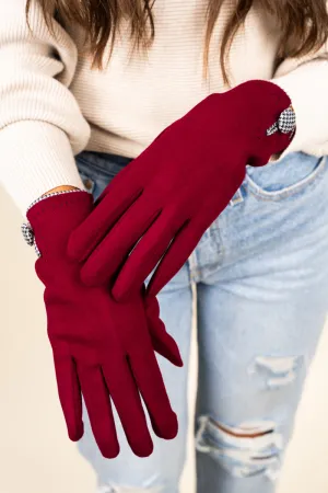 One Pair Houndstooth Button Smart Touch Gloves, Burgundy