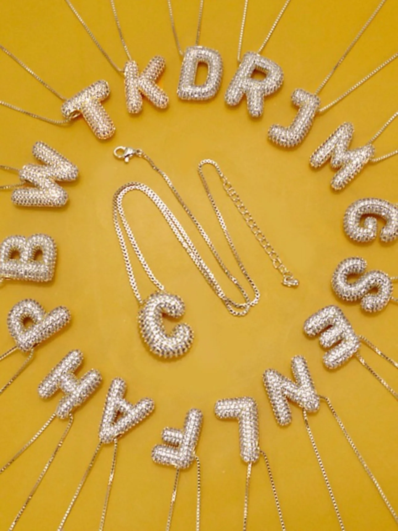 Pave Bubble Initial Necklaces: Gold