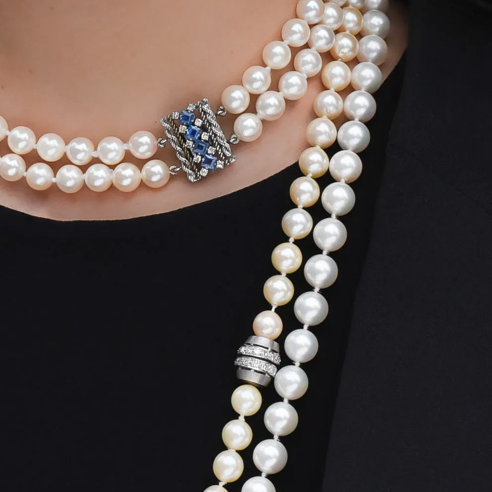 Pearl Double Strand Necklace with Sapphire Clasp c1950