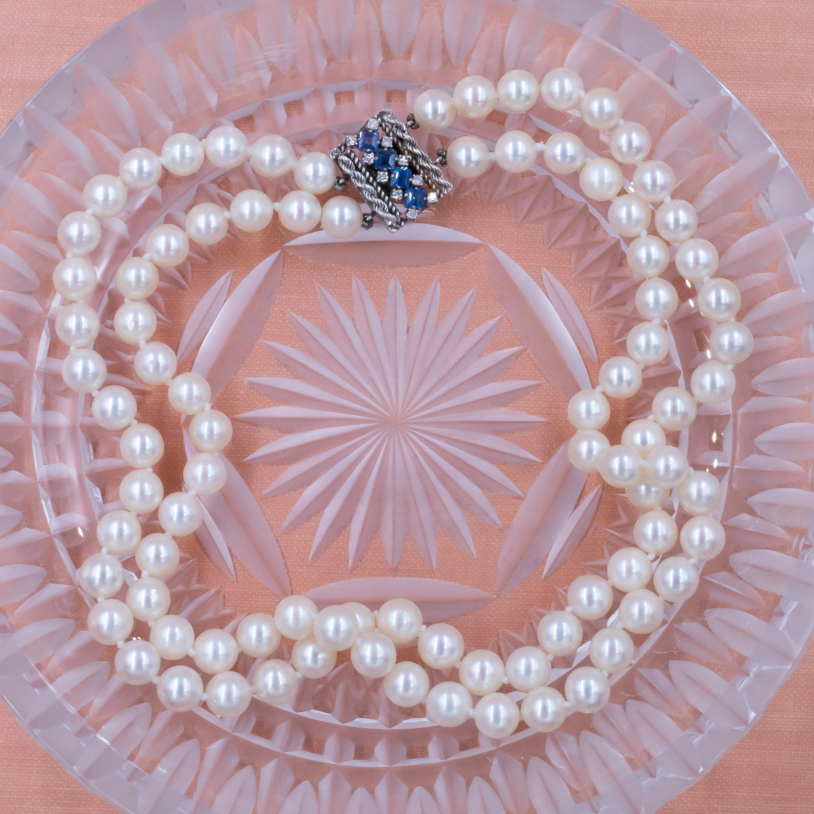 Pearl Double Strand Necklace with Sapphire Clasp c1950