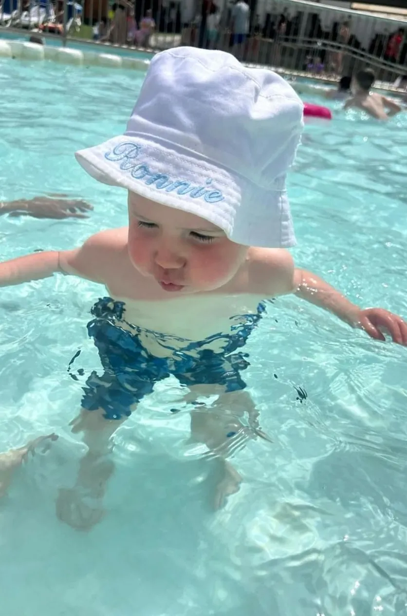 Personalised Baby White Cotton Bucket Hat With Chin Strap