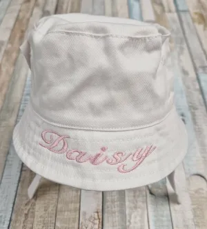 Personalised Baby White Cotton Bucket Hat With Chin Strap