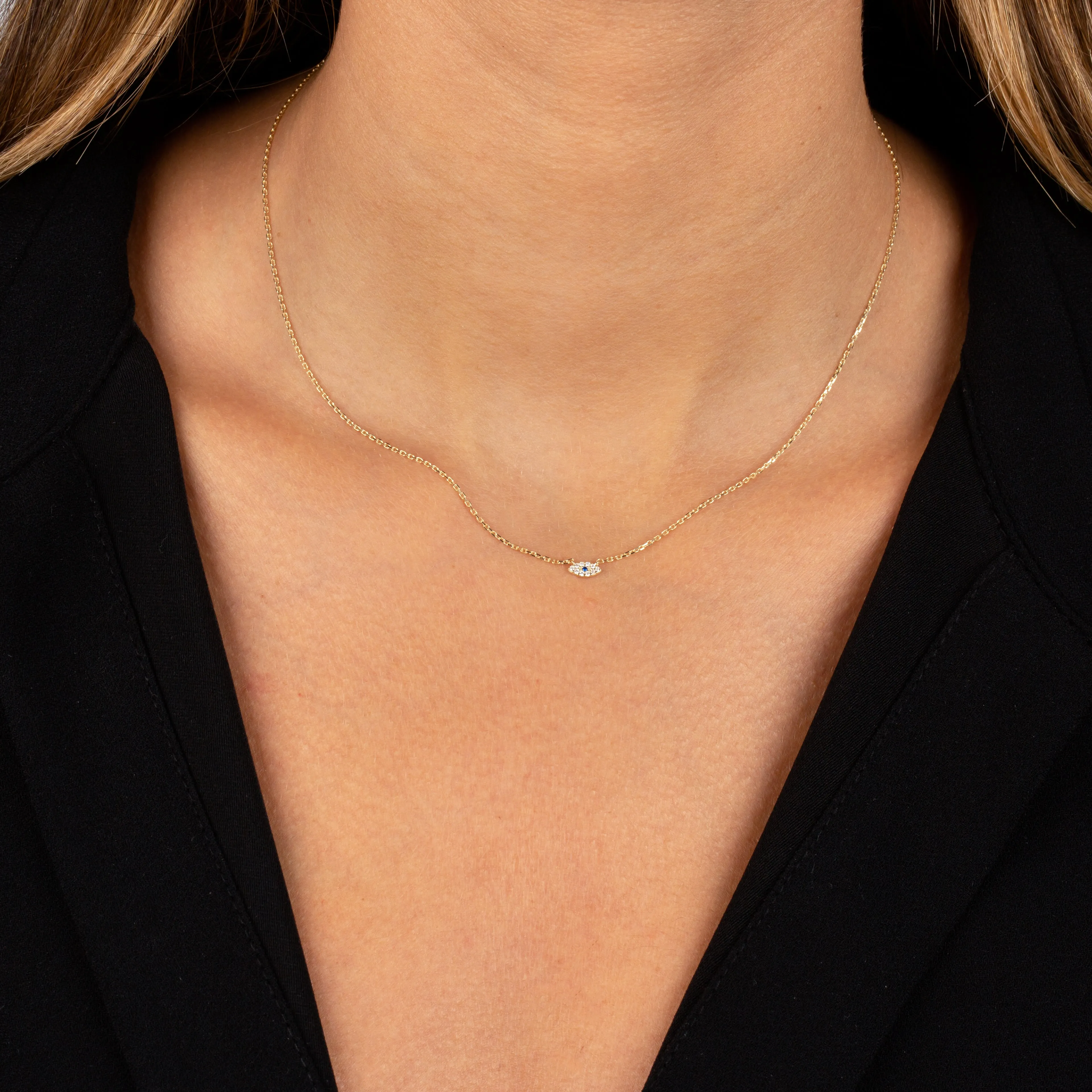Petite Diamond X Sapphire Evil Eye Necklace 14K