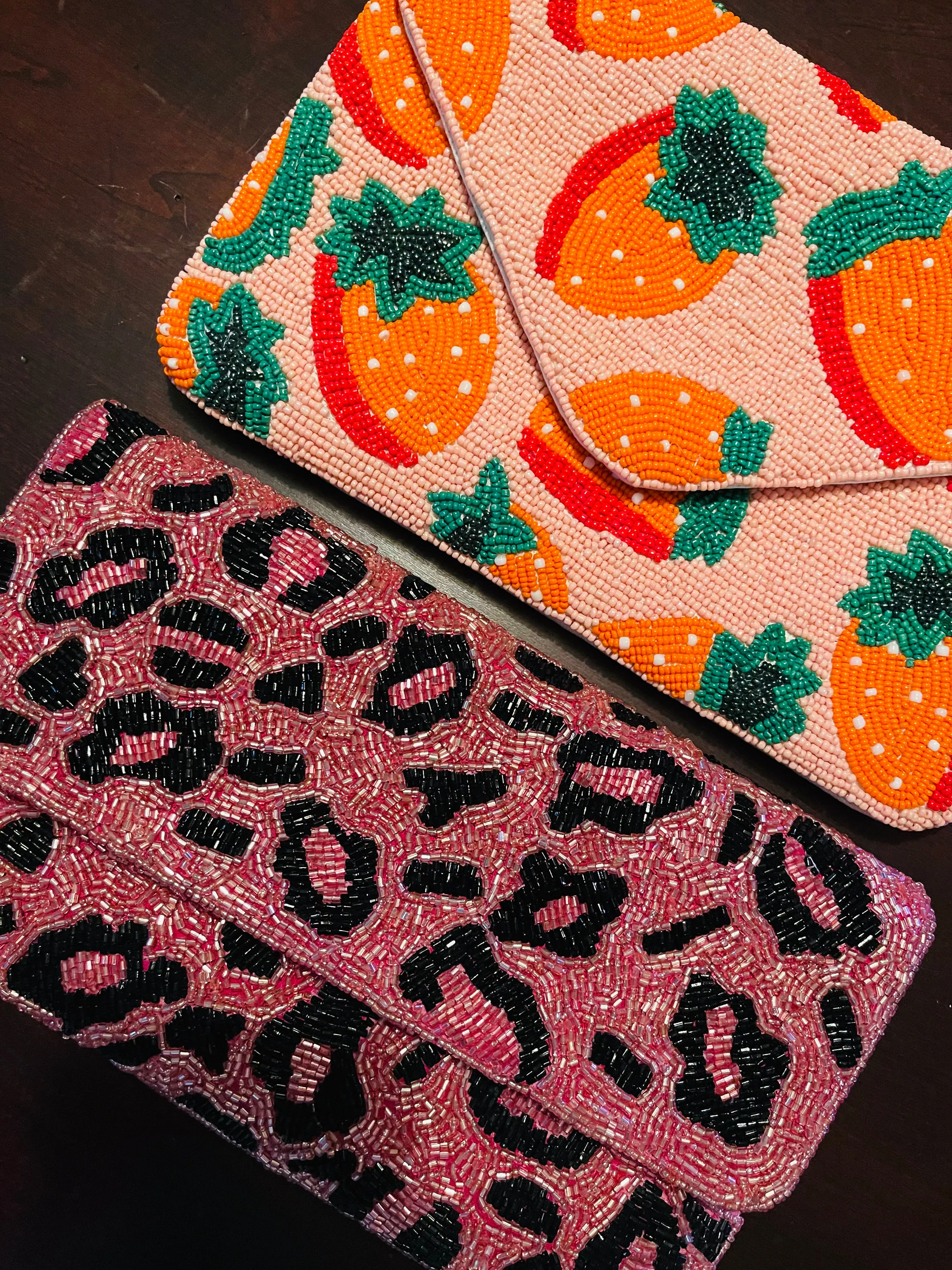 Pink Leopard Print Beaded Clutch
