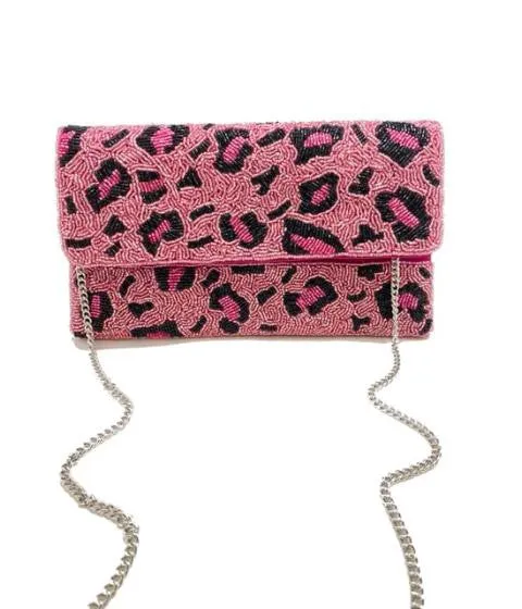 Pink Leopard Print Beaded Clutch
