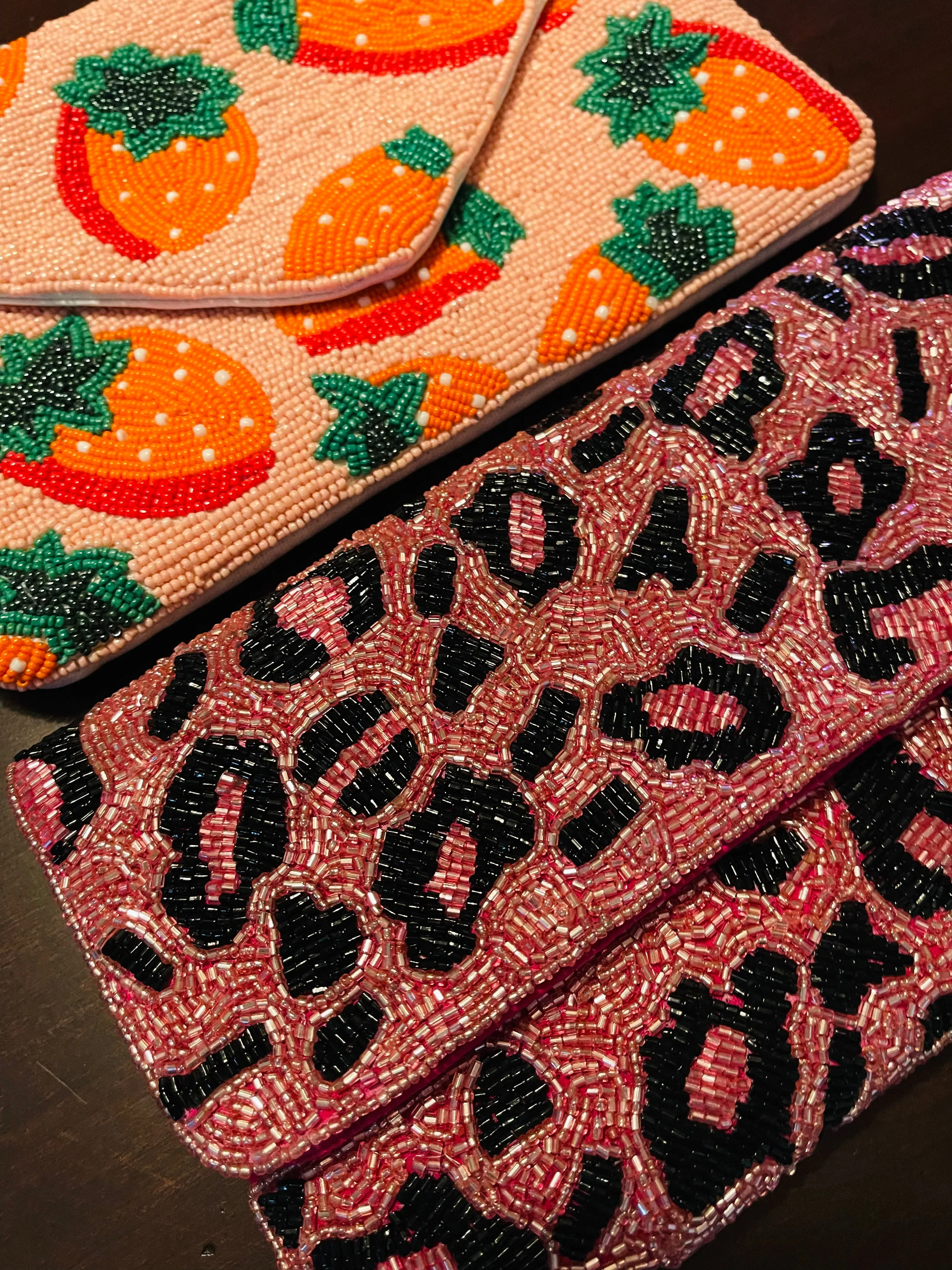 Pink Leopard Print Beaded Clutch