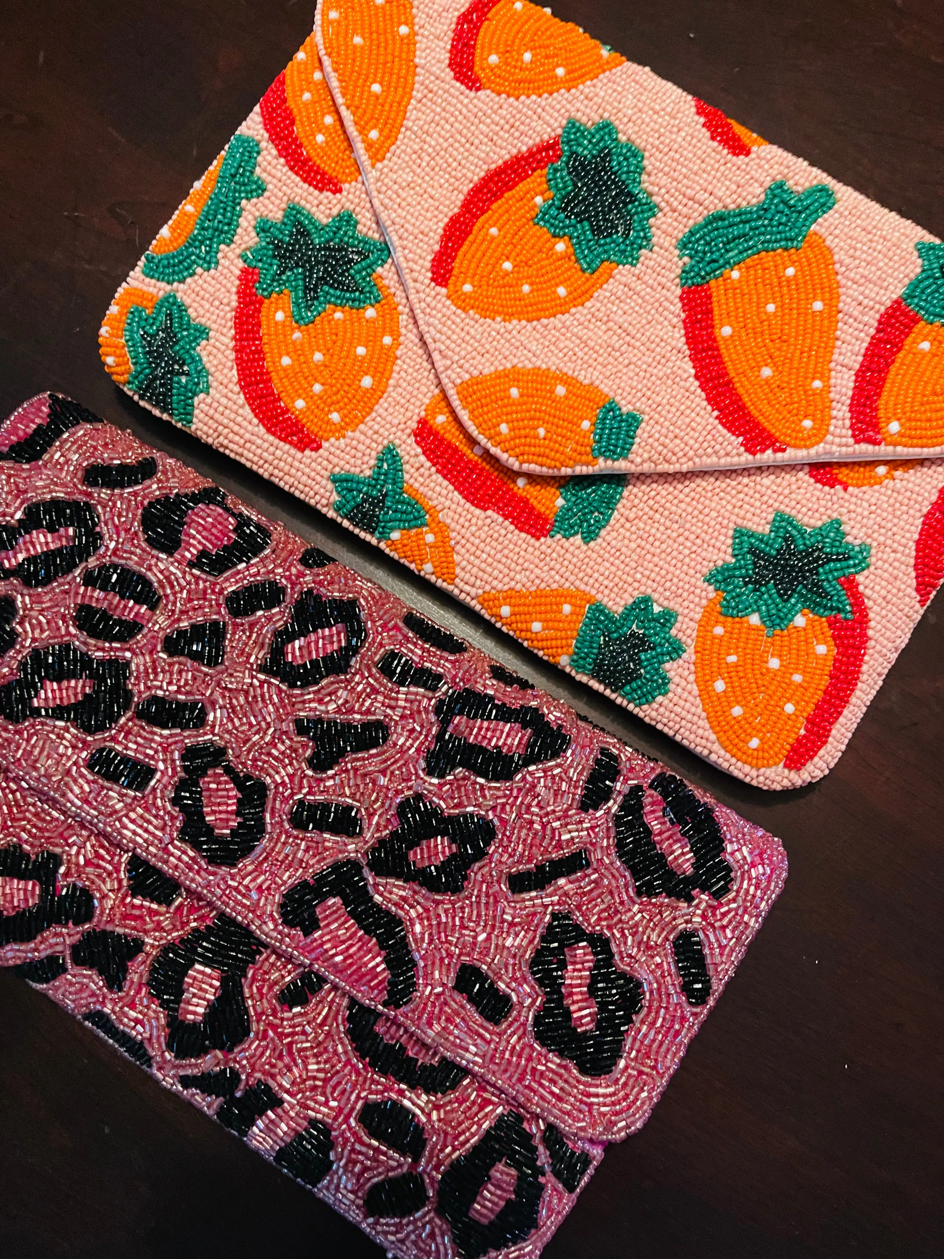 Pink Leopard Print Beaded Clutch