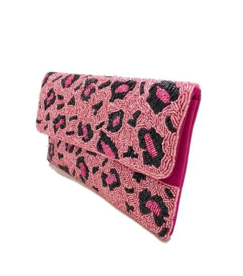 Pink Leopard Print Beaded Clutch