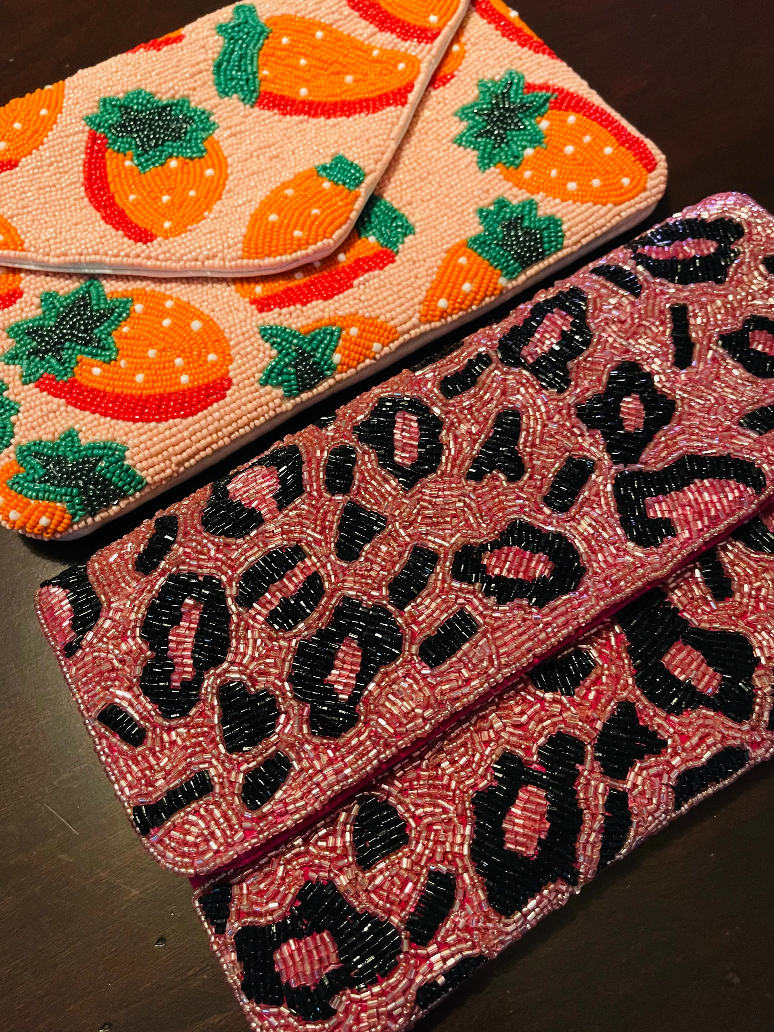 Pink Leopard Print Beaded Clutch