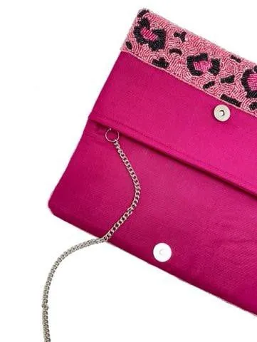 Pink Leopard Print Beaded Clutch