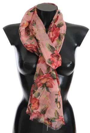 Pink Roses Silk Floral Print Scarf