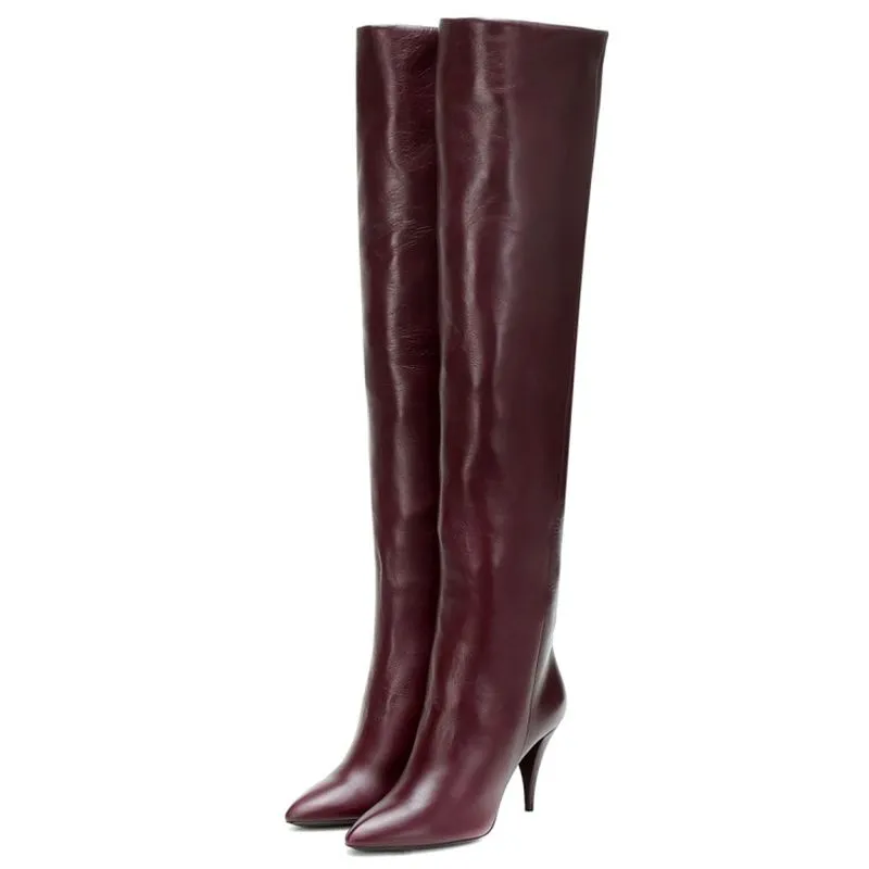 Pleated Knee Boots Women Slip On Thin High Heels Shoe