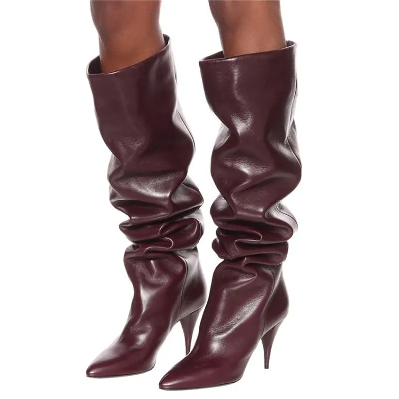 Pleated Knee Boots Women Slip On Thin High Heels Shoe