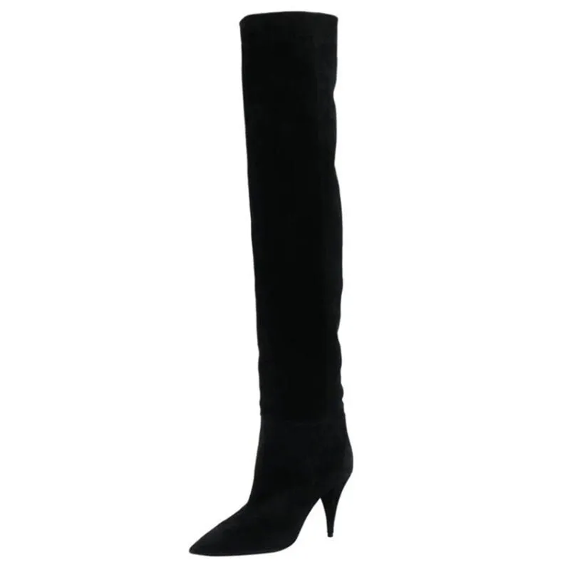Pleated Knee Boots Women Slip On Thin High Heels Shoe