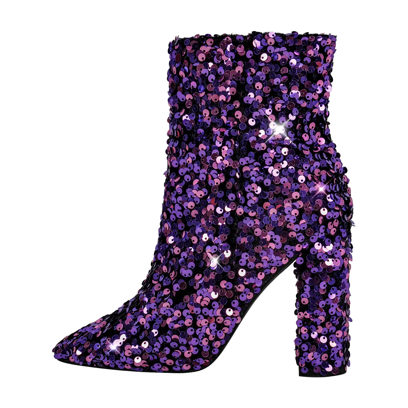 Pointed Toe Chunky Heel Sequins Ankle Boots