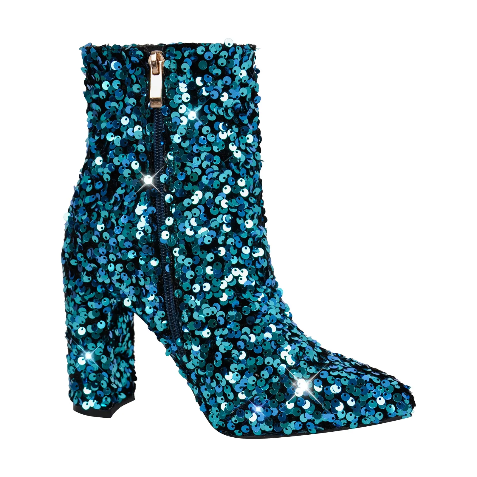 Pointed Toe Chunky Heel Sequins Ankle Boots