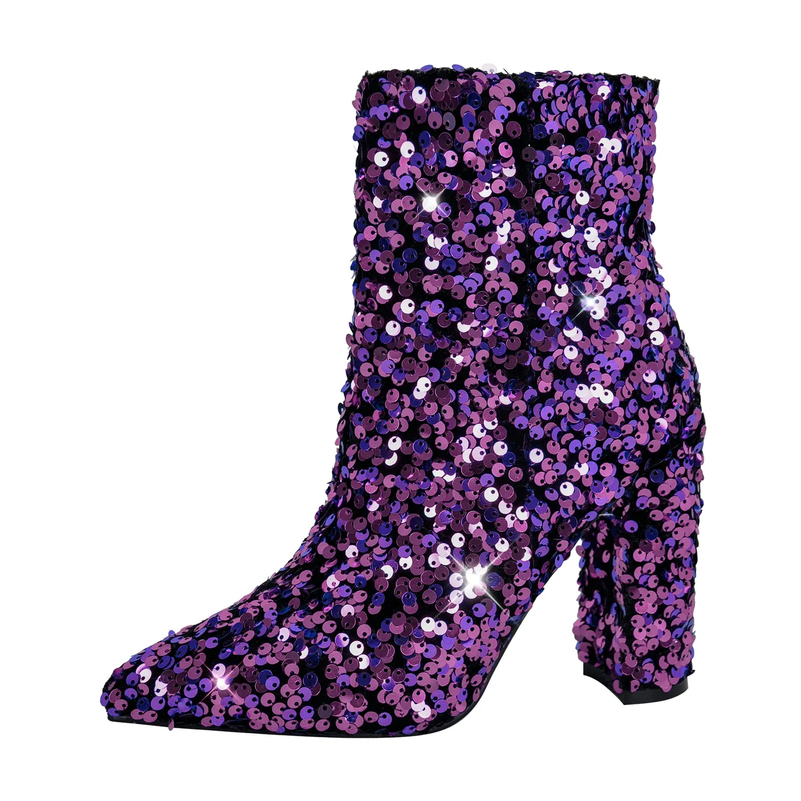 Pointed Toe Chunky Heel Sequins Ankle Boots