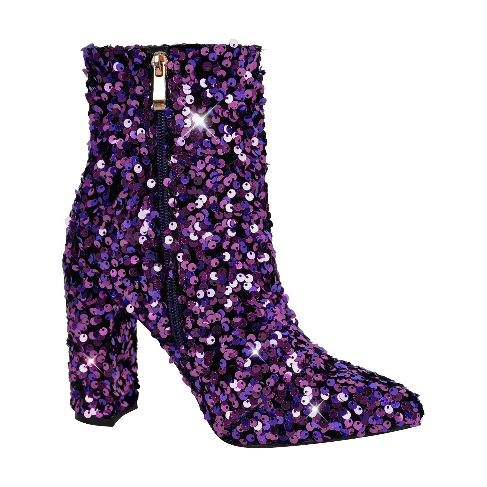 Pointed Toe Chunky Heel Sequins Ankle Boots