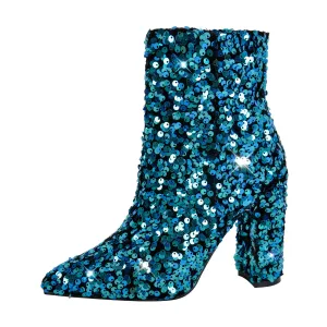 Pointed Toe Chunky Heel Sequins Ankle Boots