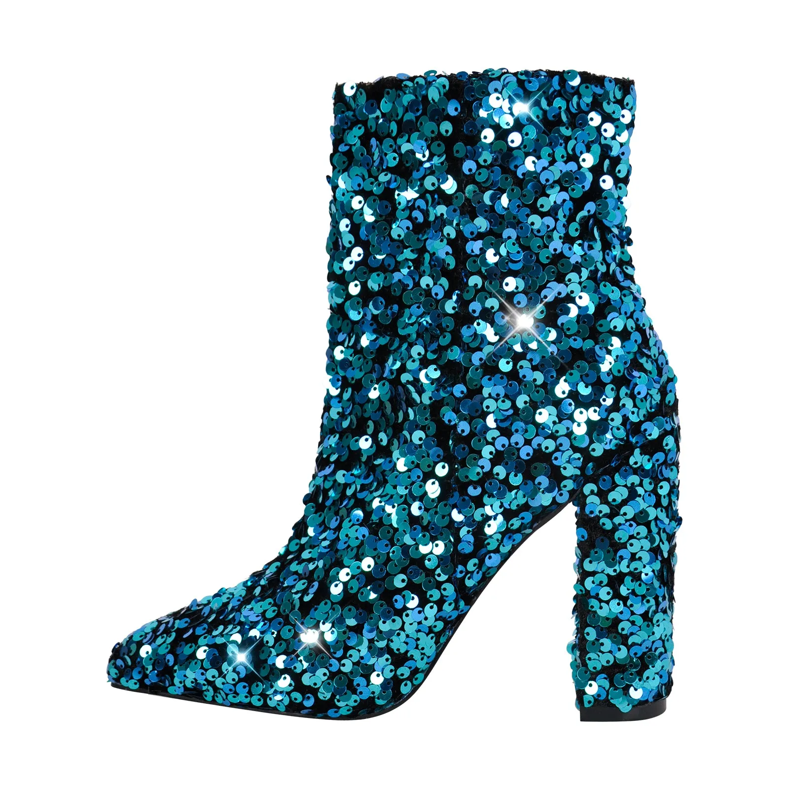 Pointed Toe Chunky Heel Sequins Ankle Boots