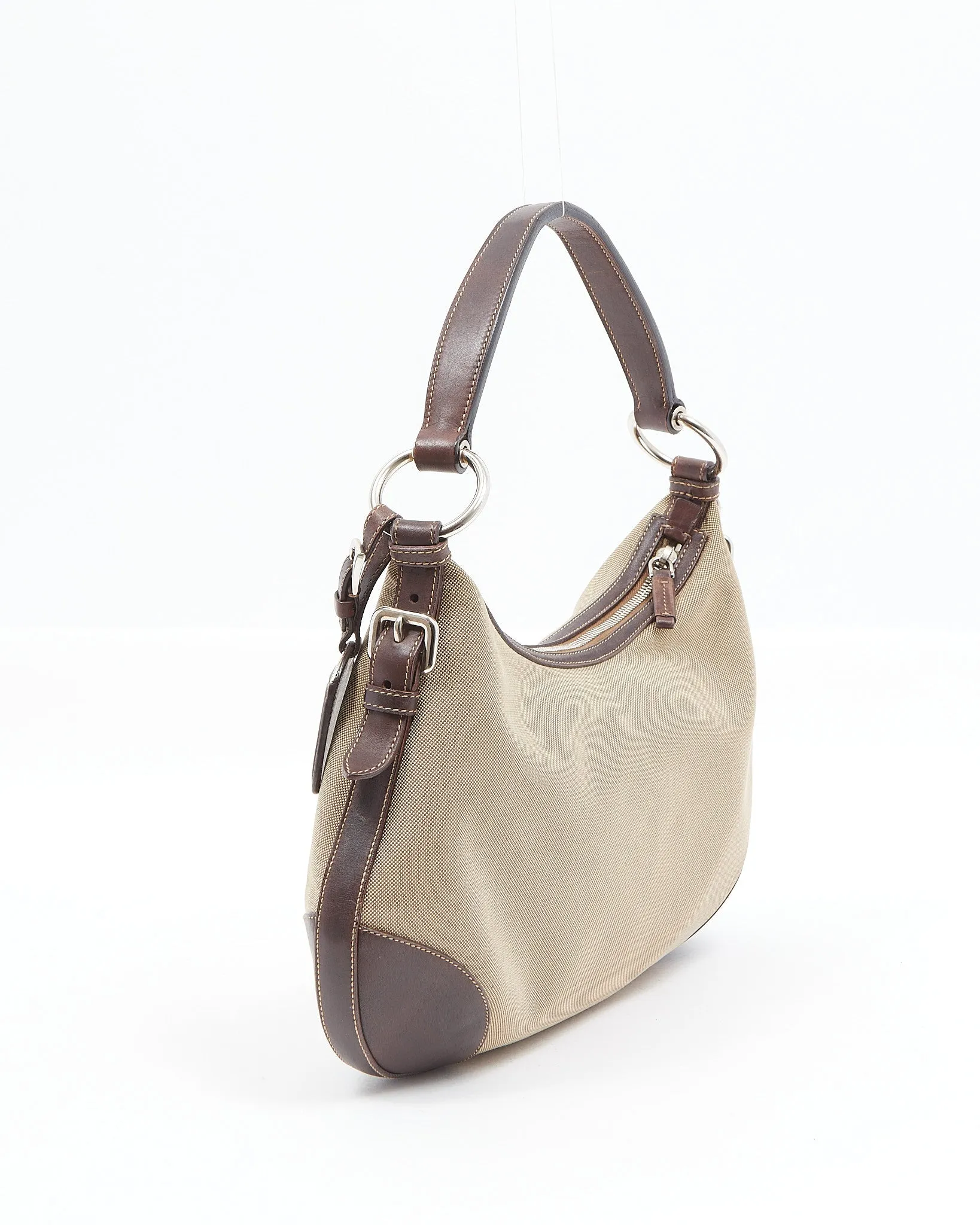 Prada Brown Leather and Beige Canvas Logo Canapa Shoulder Bag