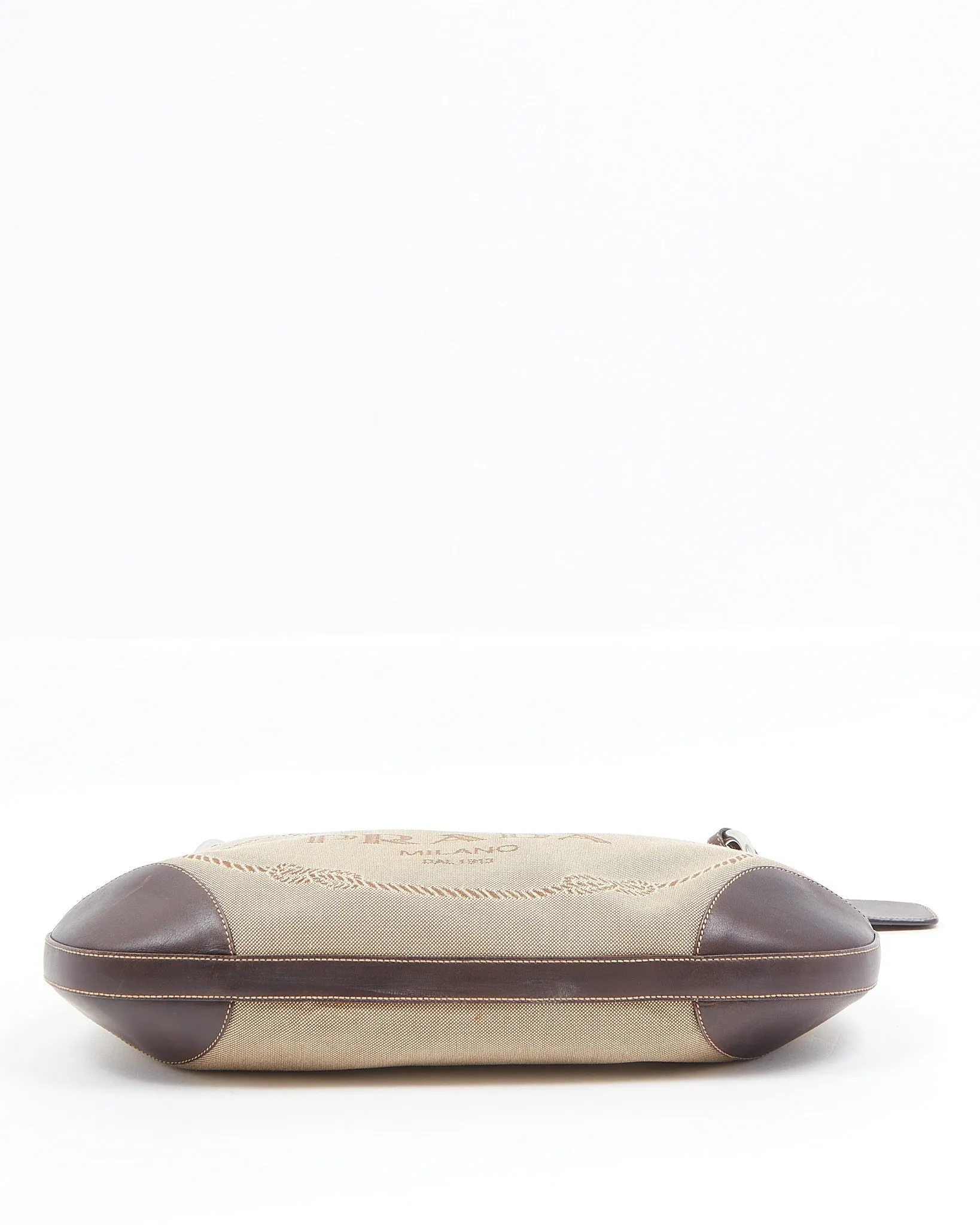 Prada Brown Leather and Beige Canvas Logo Canapa Shoulder Bag